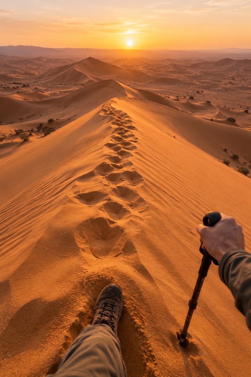 First-person view trekking along a Sahara dune at sunrise, with a boot and trekking pole in view